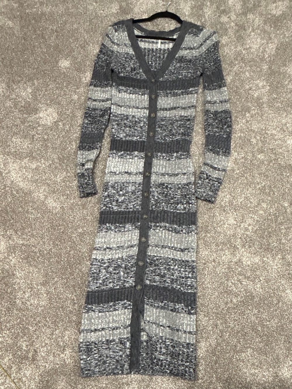 Free People Gray Striped Long Knit Button-Front Maxi Dress